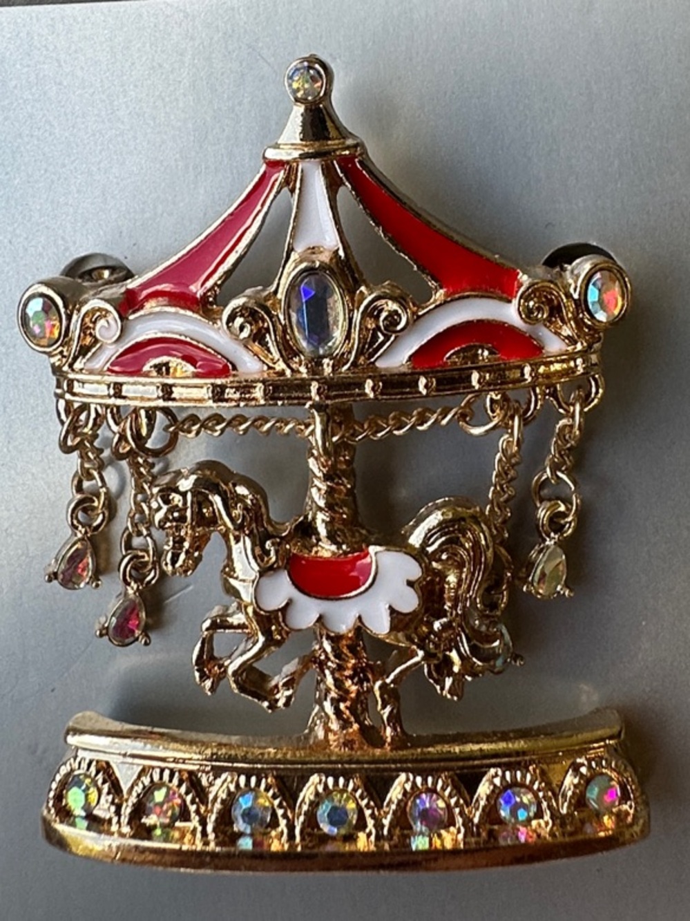 Gallery Gold-Tone Carousel Horse Brooch with Red and White Enamel